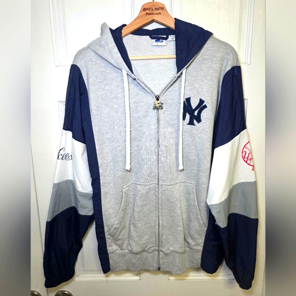 RARE STARTER NY Yankees Baseball Hooded Jacket- Size XL Blue & Gray